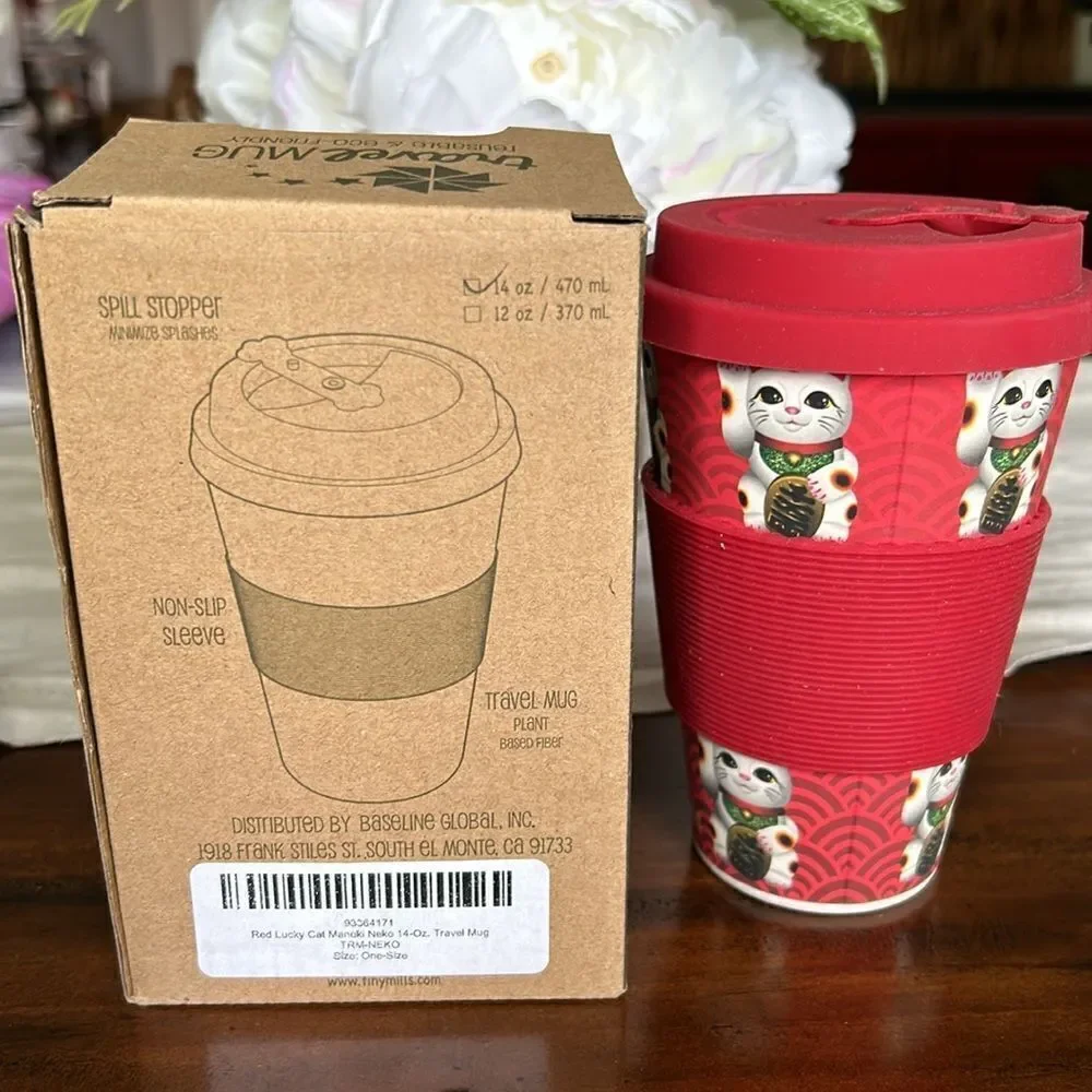 Eco-Friendly Reusable Plant Fiber Travel Mug Maneki Neko Lucky Cat Design NWT